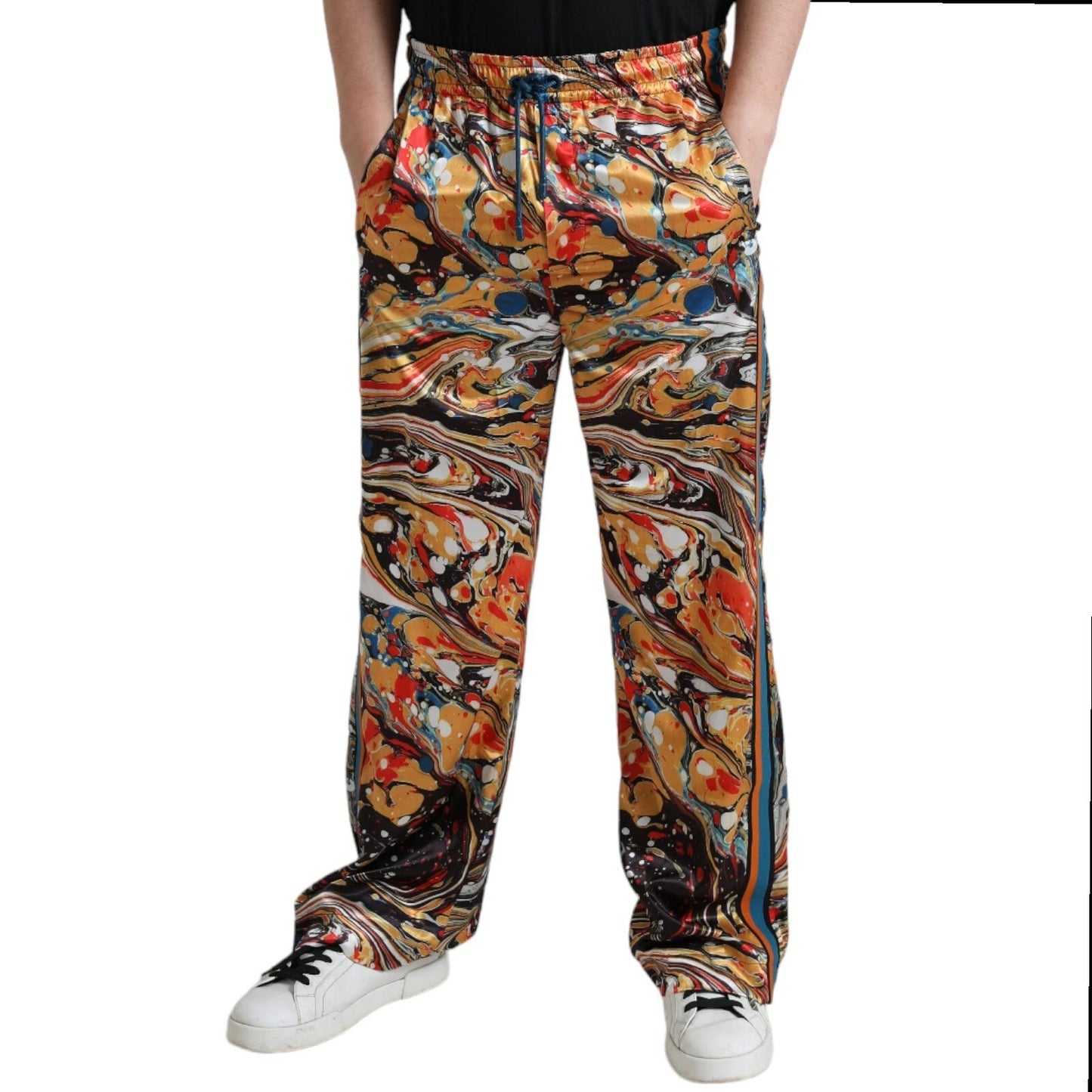 Multicolor Marble Print Satin Trouser Pants