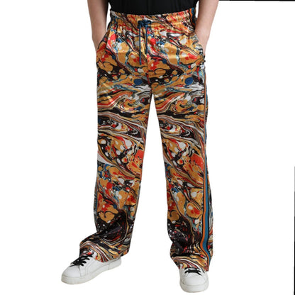Multicolor Marble Print Satin Trouser Pants