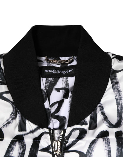 White Black Graffiti Logo Puffer Bomber Jacket