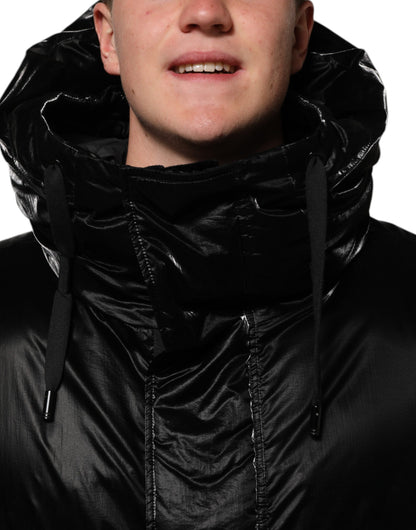 Black Logo Full Zip Hooded Quilted Jacket