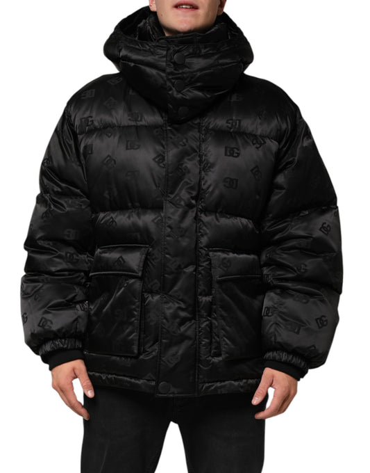Black Monogram Logo Puffer Nylon Hooded Jacket