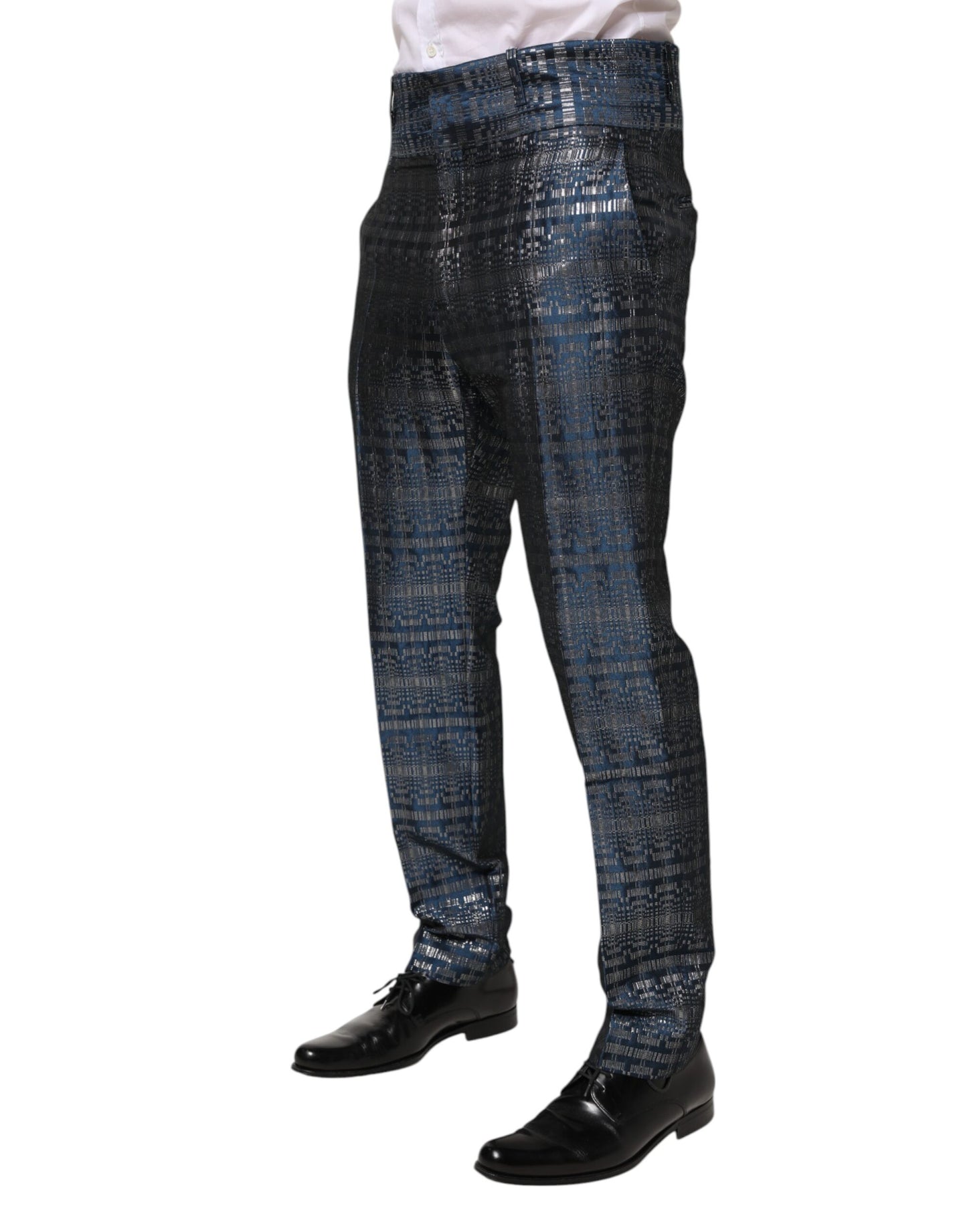 Blue Silver Shiny Silk Skinny Men Trouser Pants