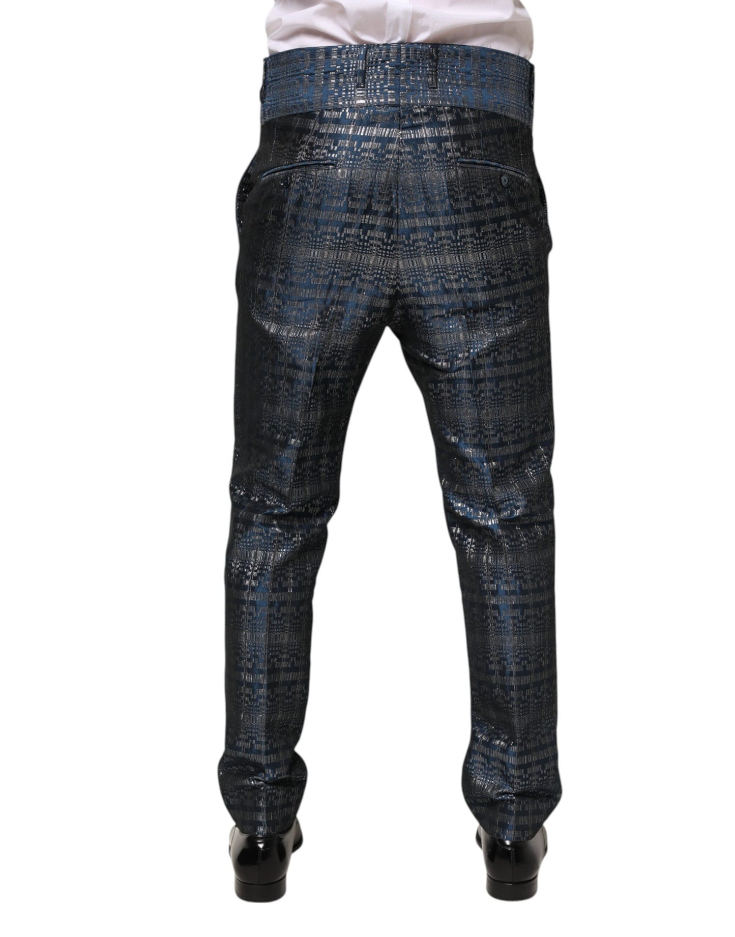 Blue Silver Shiny Silk Skinny Men Trouser Pants