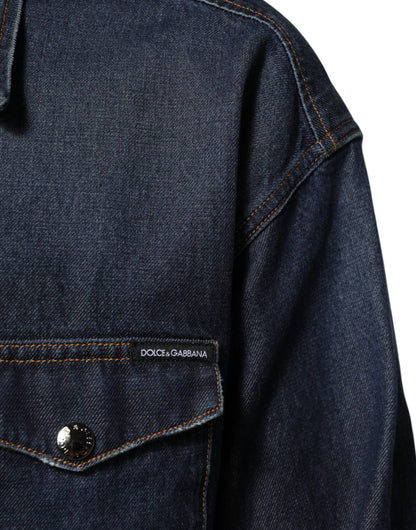Blue Denim Button Casual Logo Patch Men Shirt