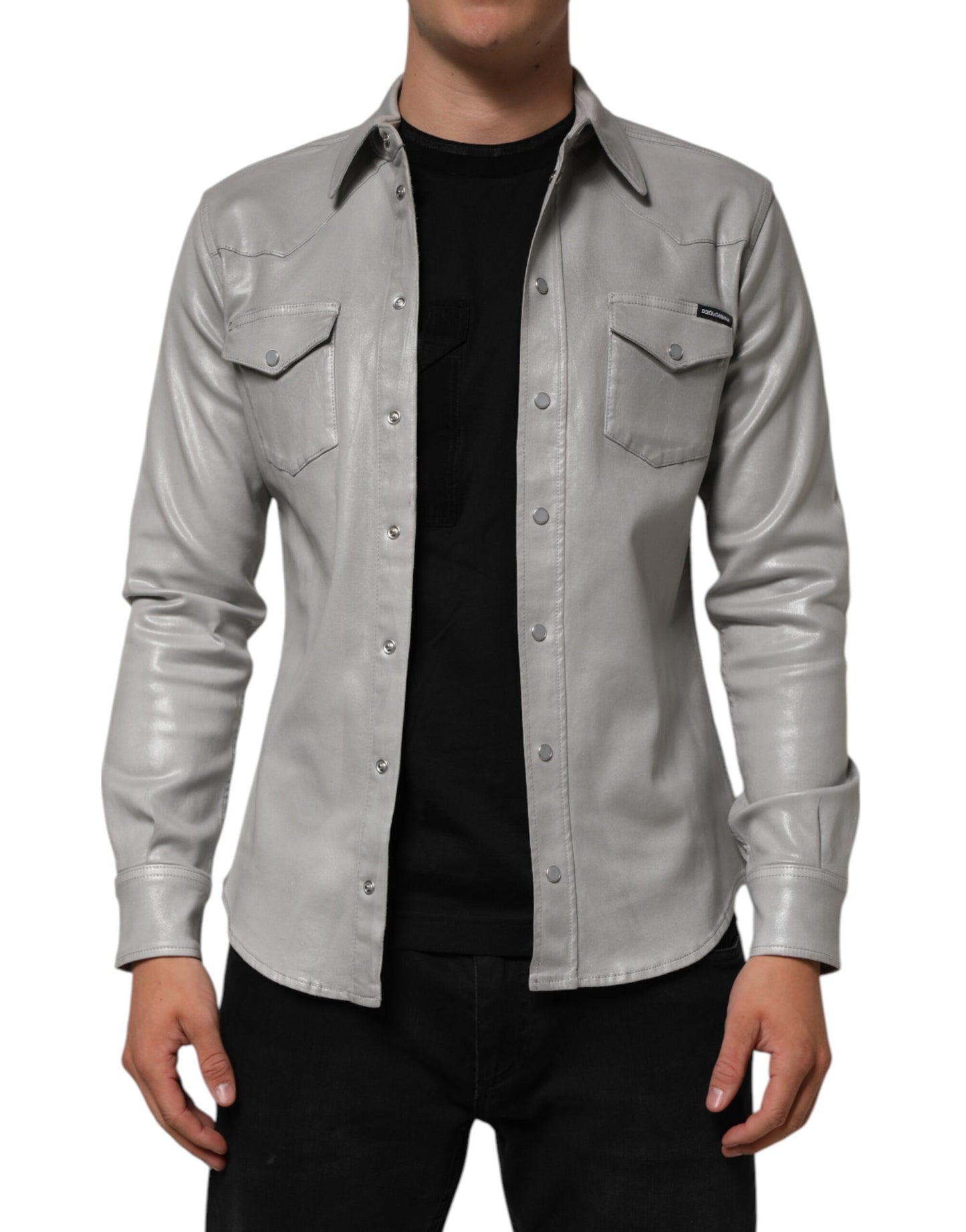 Gray Coated Cotton Snap Button Logo Men Shirt