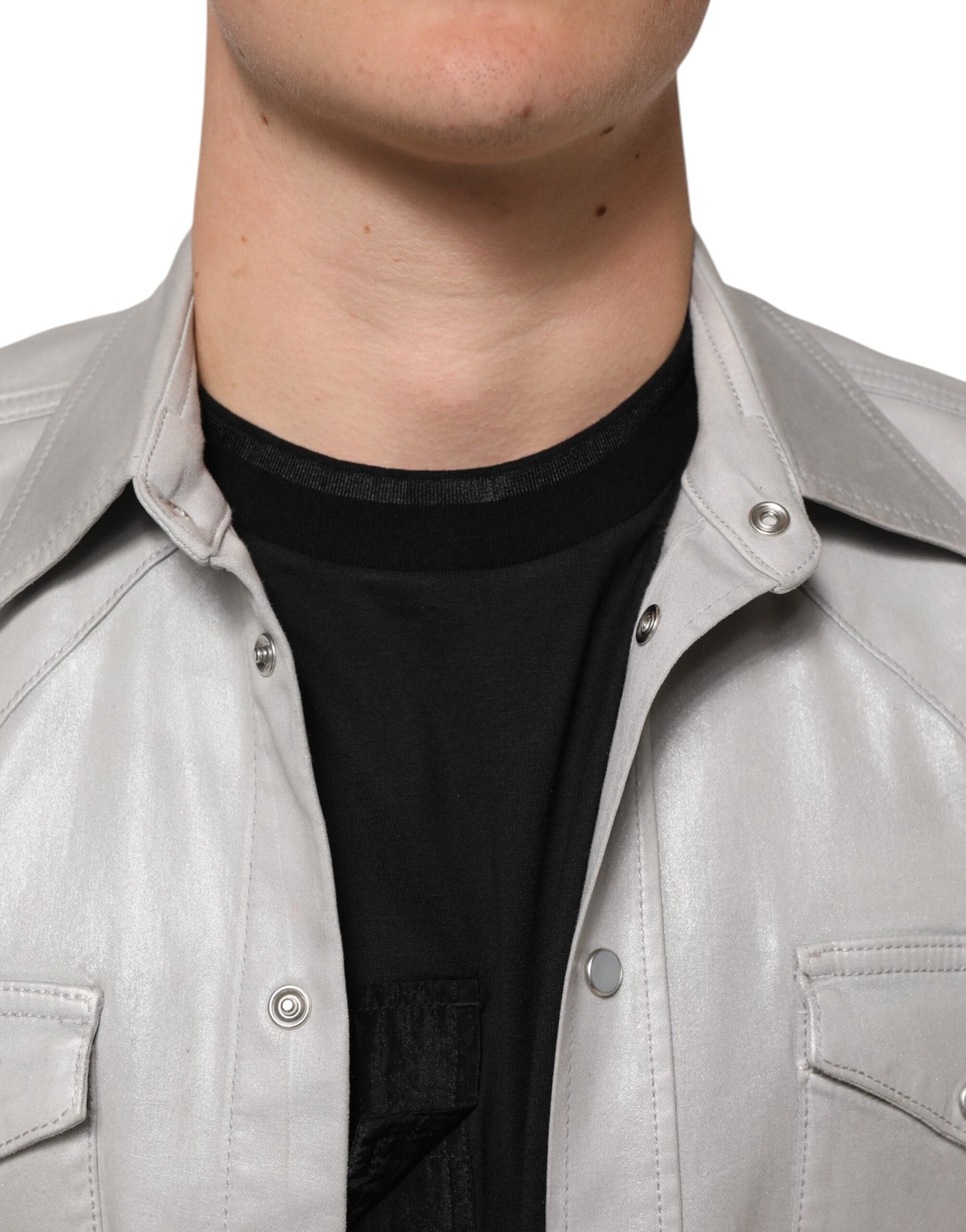 Metallic Gray Cotton Button Down Men Shirt