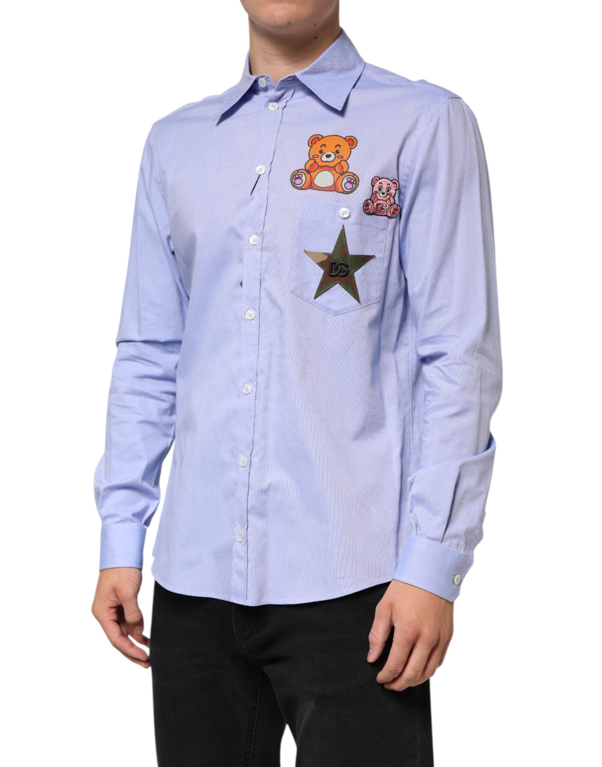 Light Blue Cotton Teddy Bear Long Sleeve Shirt