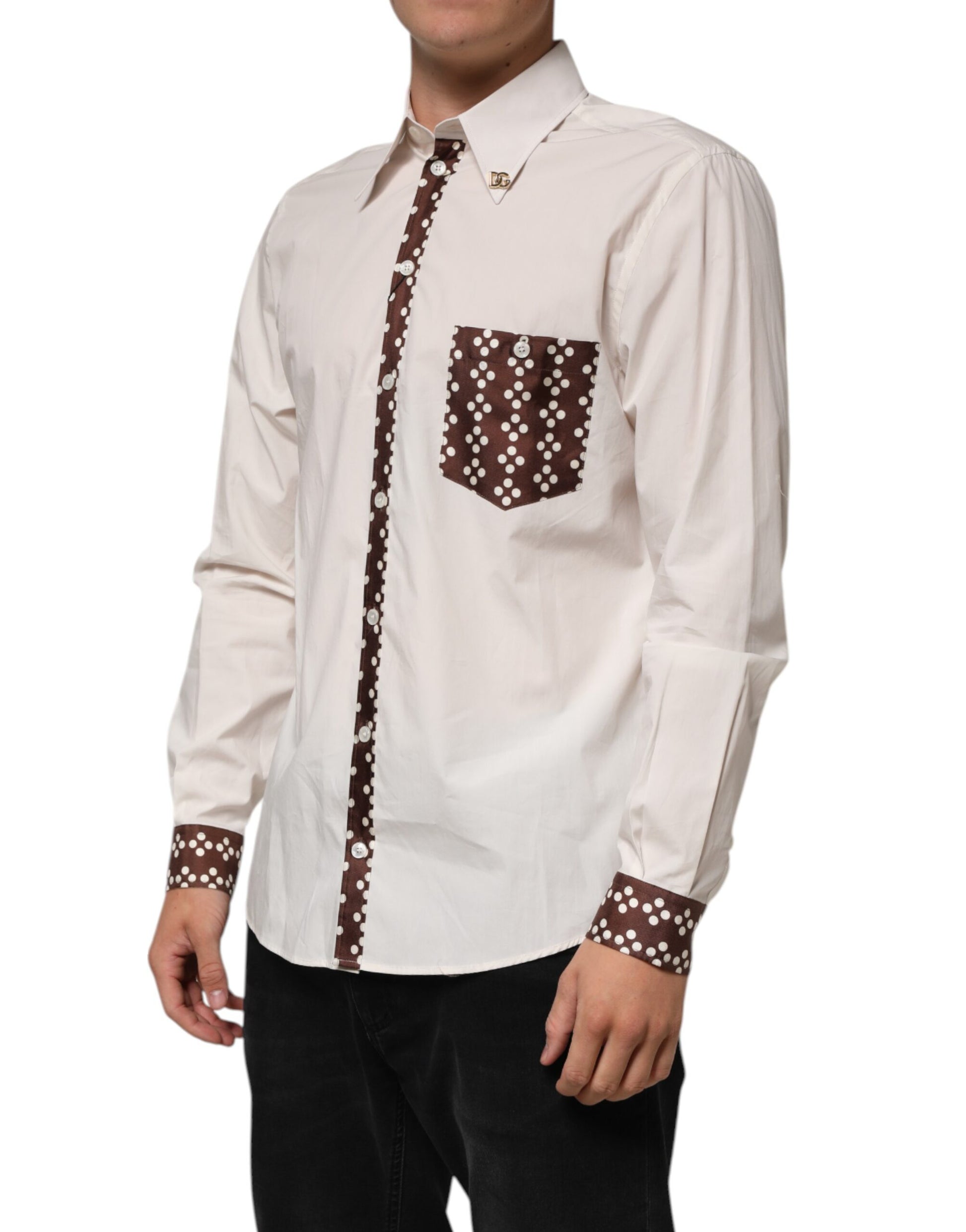 Cream White Cotton Polka Dot Slim Fit Shirt