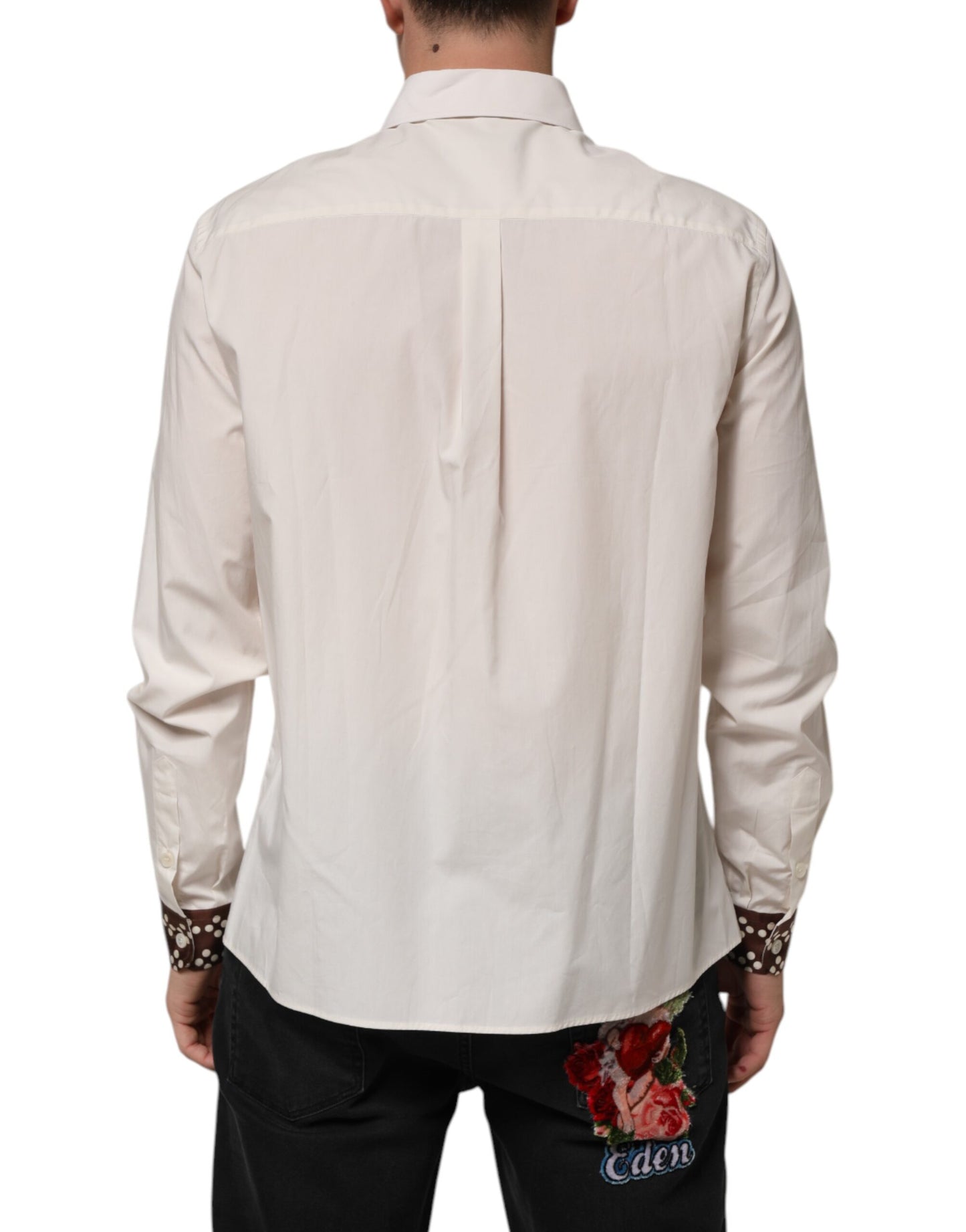 Cream White Cotton Polka Dot Slim Fit Shirt