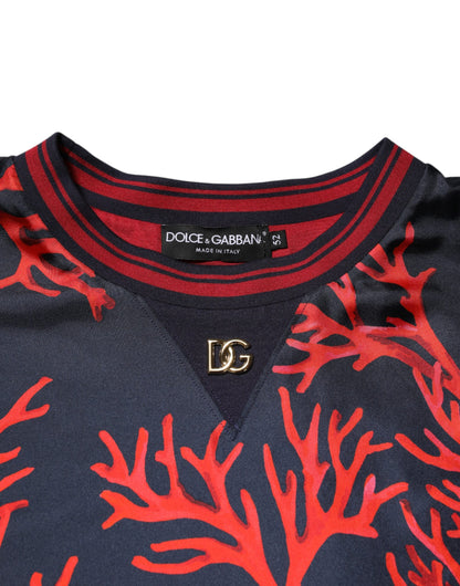 Silk Navy Red Coral Print Pullover Sweater