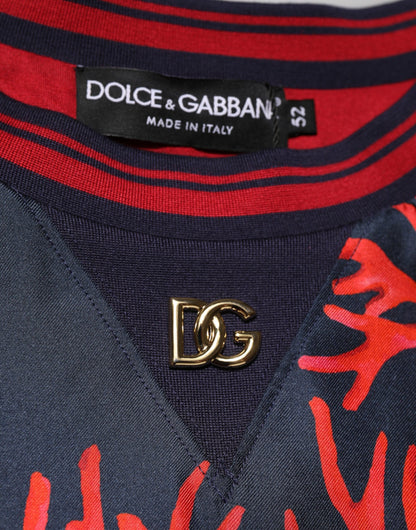 Silk Navy Red Coral Print Pullover Sweater