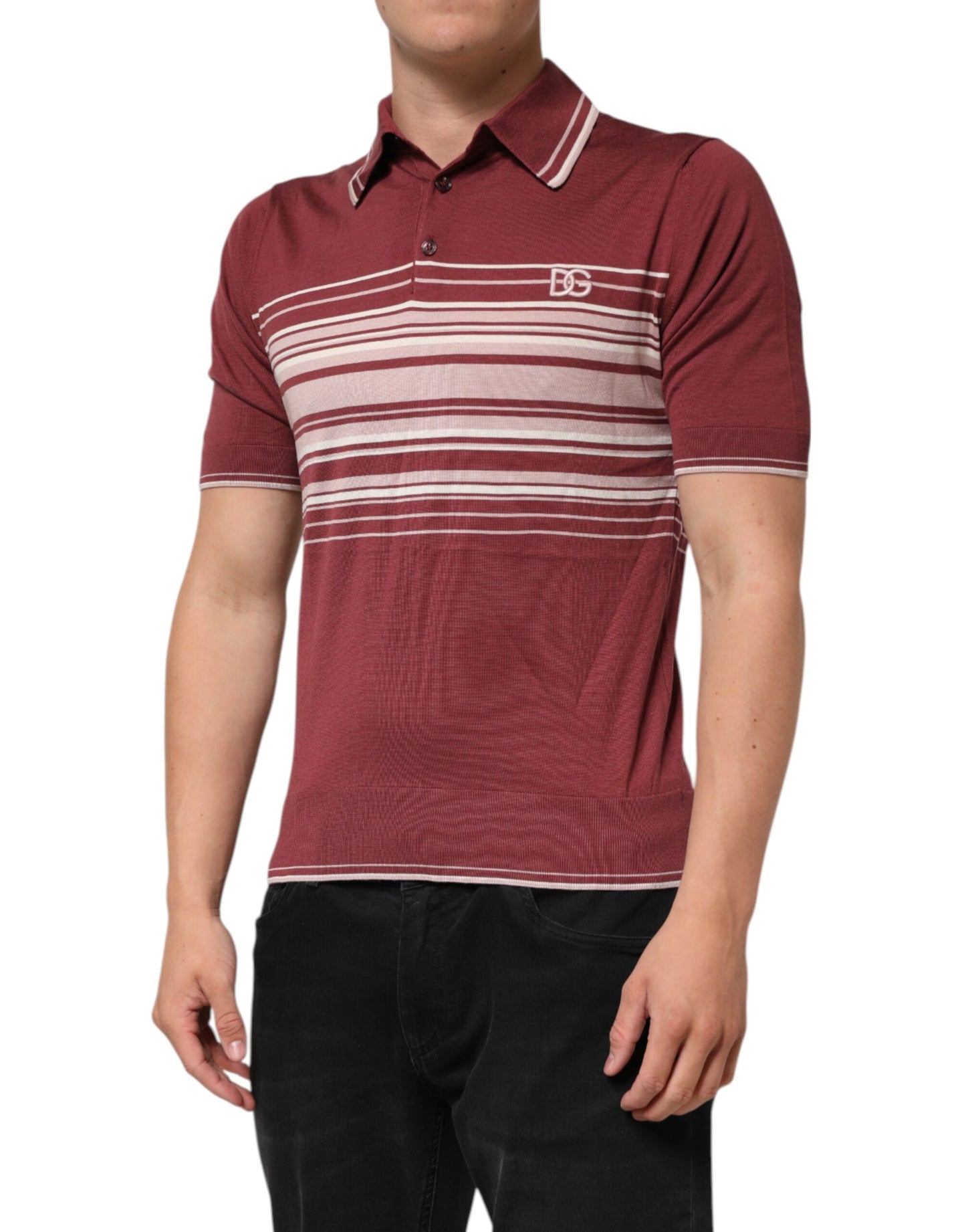 Cotton Burgundy Striped DG Logo Polo  T-shirt