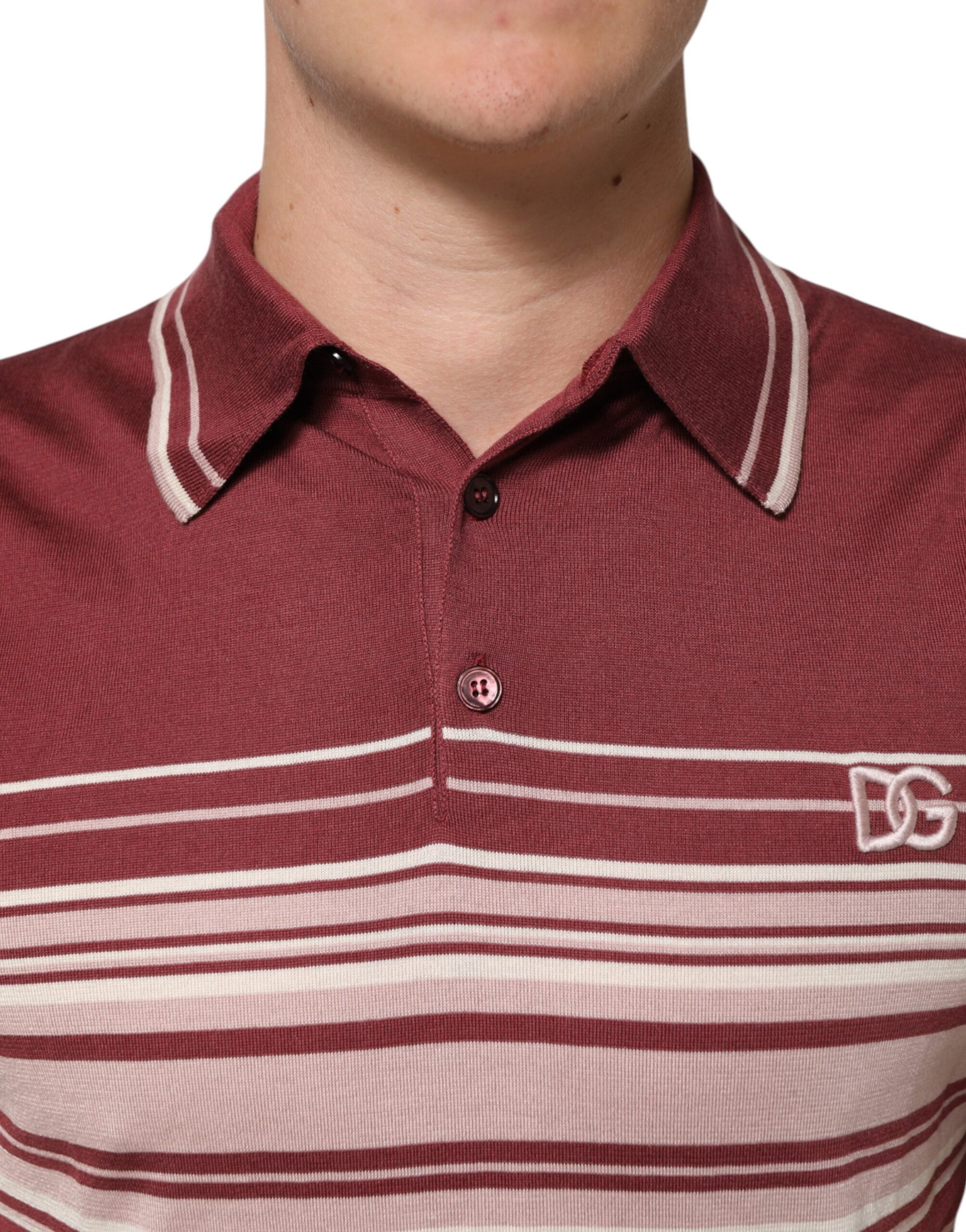 Cotton Burgundy Striped DG Logo Polo  T-shirt