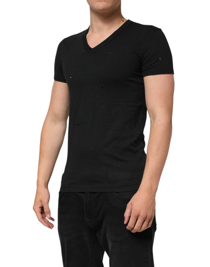 Black Cotton Tattered Logo V-Neck Men T-shirt