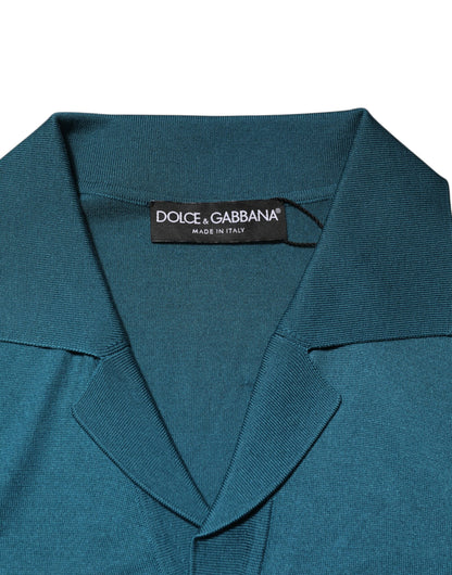 Teal Blue Silk Collar Short Sleeve Polo T-shirt
