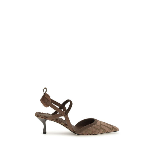 Brown Fabric Mid Heel Pumps