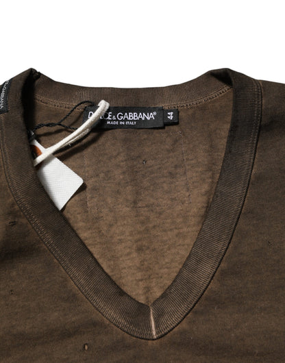 Dark Brown Cotton Tattered Logo Men T-shirt