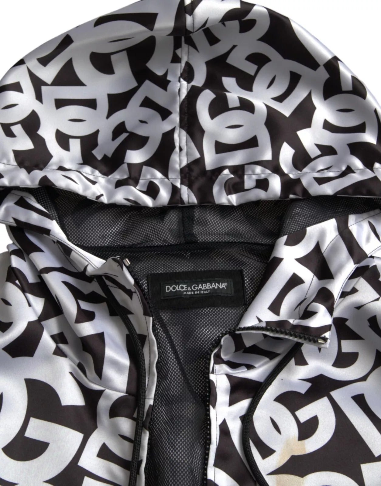 White Black Logo Hooded Full Zip Bomber Jacket