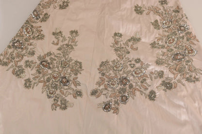 Beige Sequined Flower Flare Ball Gown Dress