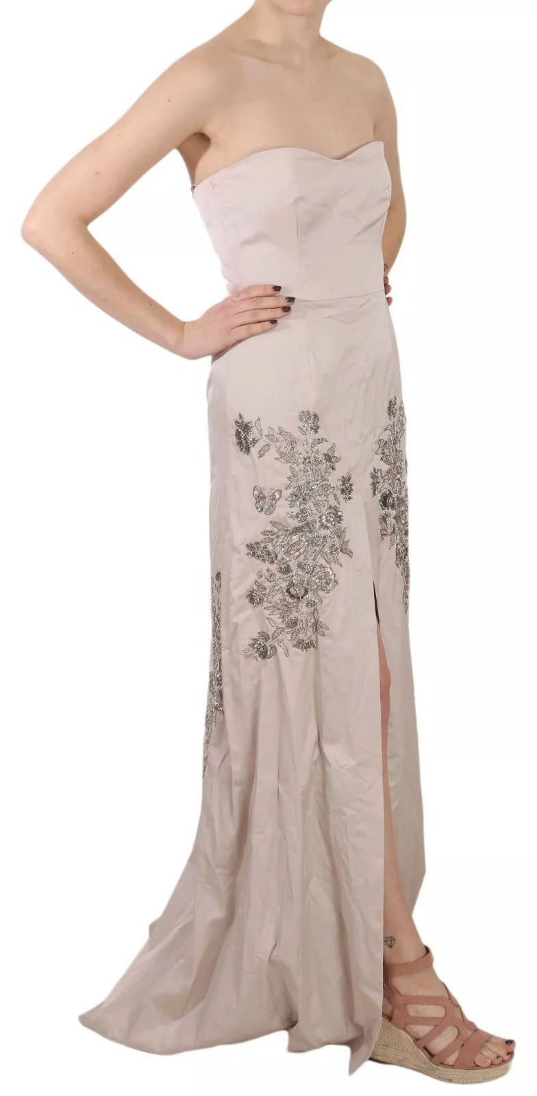 Beige Sequined Flower Flare Ball Gown Dress