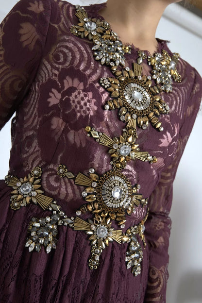 Purple Viscose Crystal A-Line Gown Dress