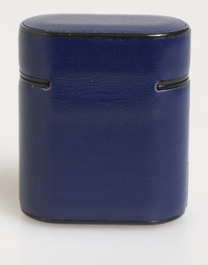 Blue Leather Logo Print Flip Holder Men Airpods Case