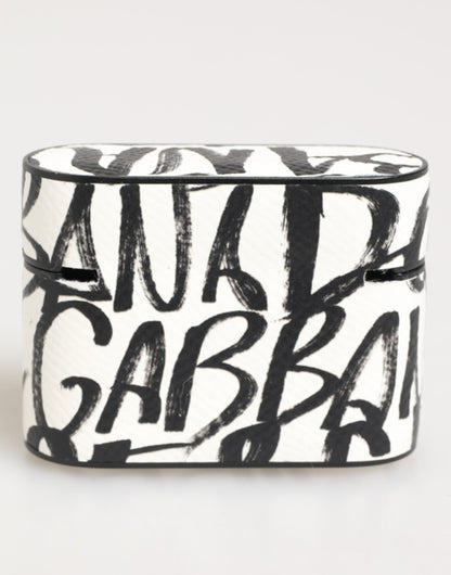 Black White Leather Monogram Print Logo Holder Airpods Case