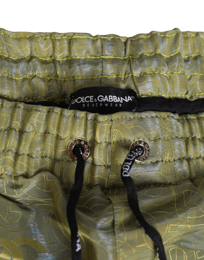 Green Polyester Metallic Logo Print Men Swimwear