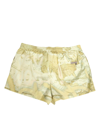 Yellow World Map Polyester Elastic Waistband Swimwear