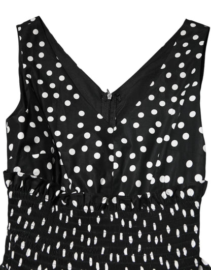 Black White Cotton Polka Dot Print V Neck Dress