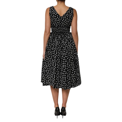 Black White Cotton Polka Dot Print V Neck Dress