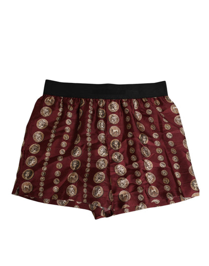 Burgundy Silk Coin Print Men Boxer Short Swimwear