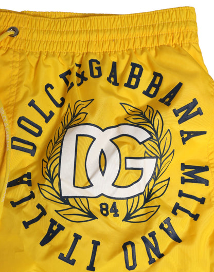 Yellow Nylon Logo Print Men Boxer Short Swimwear