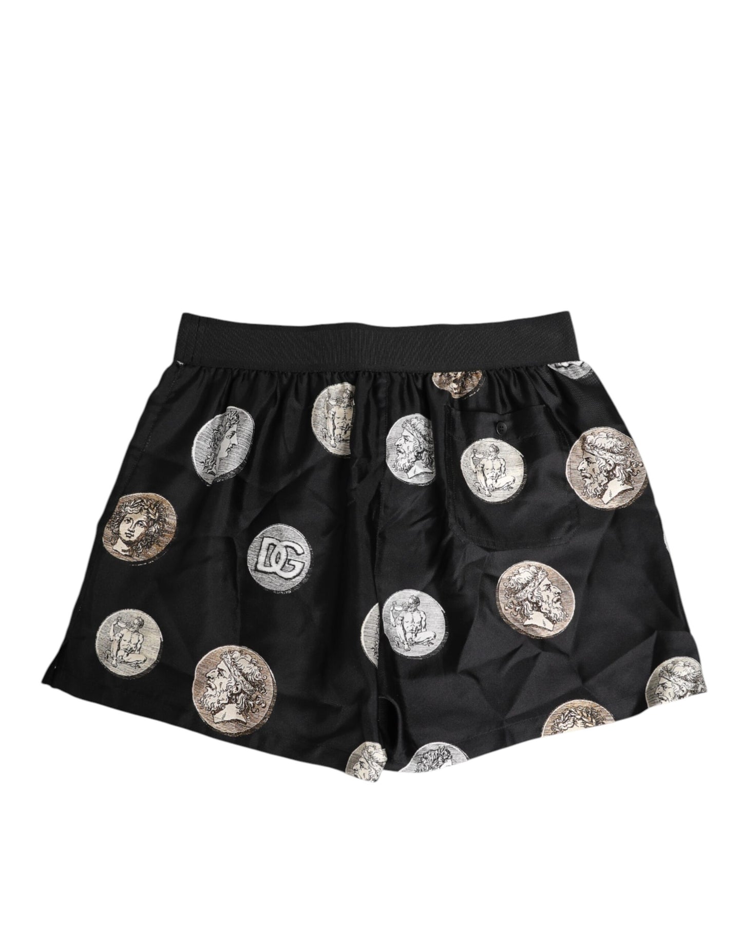 Black Silk Ancient Coin Print Boxer Short Swimwear