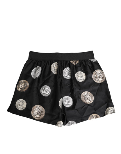 Black Silk Ancient Coin Print Boxer Short Swimwear