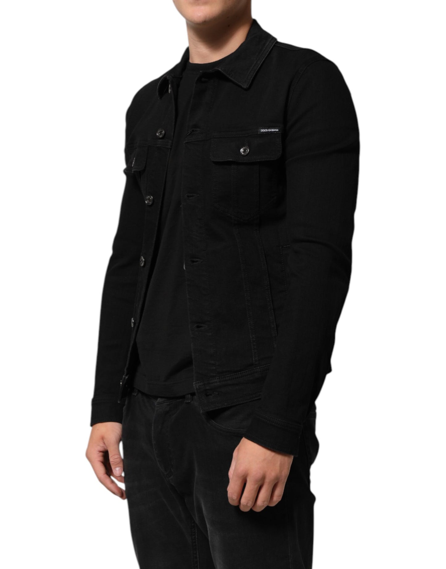 Black Cotton Denim Stretch Button Up Jacket
