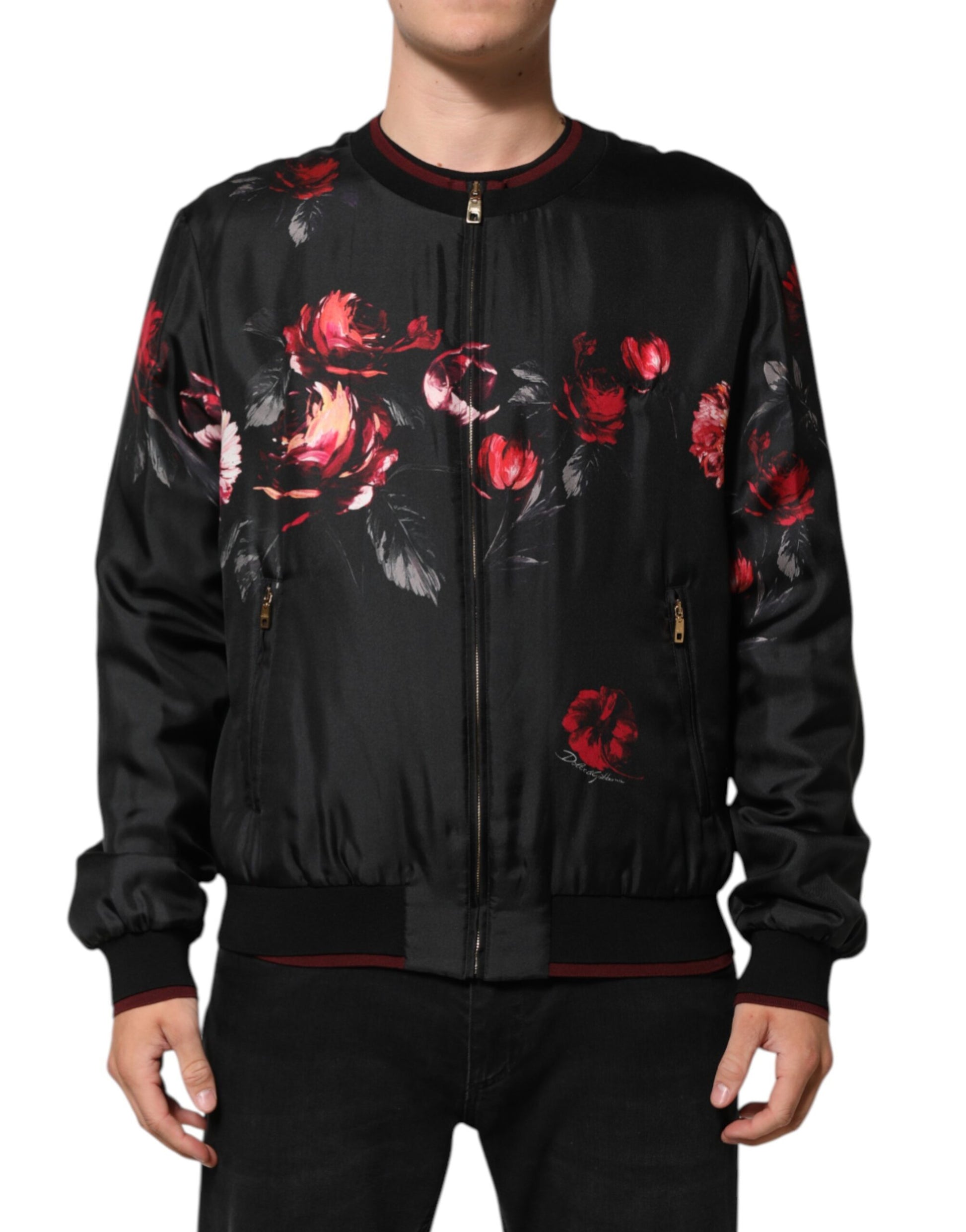 Black Red Floral Silk Bomber Blouson Jacket