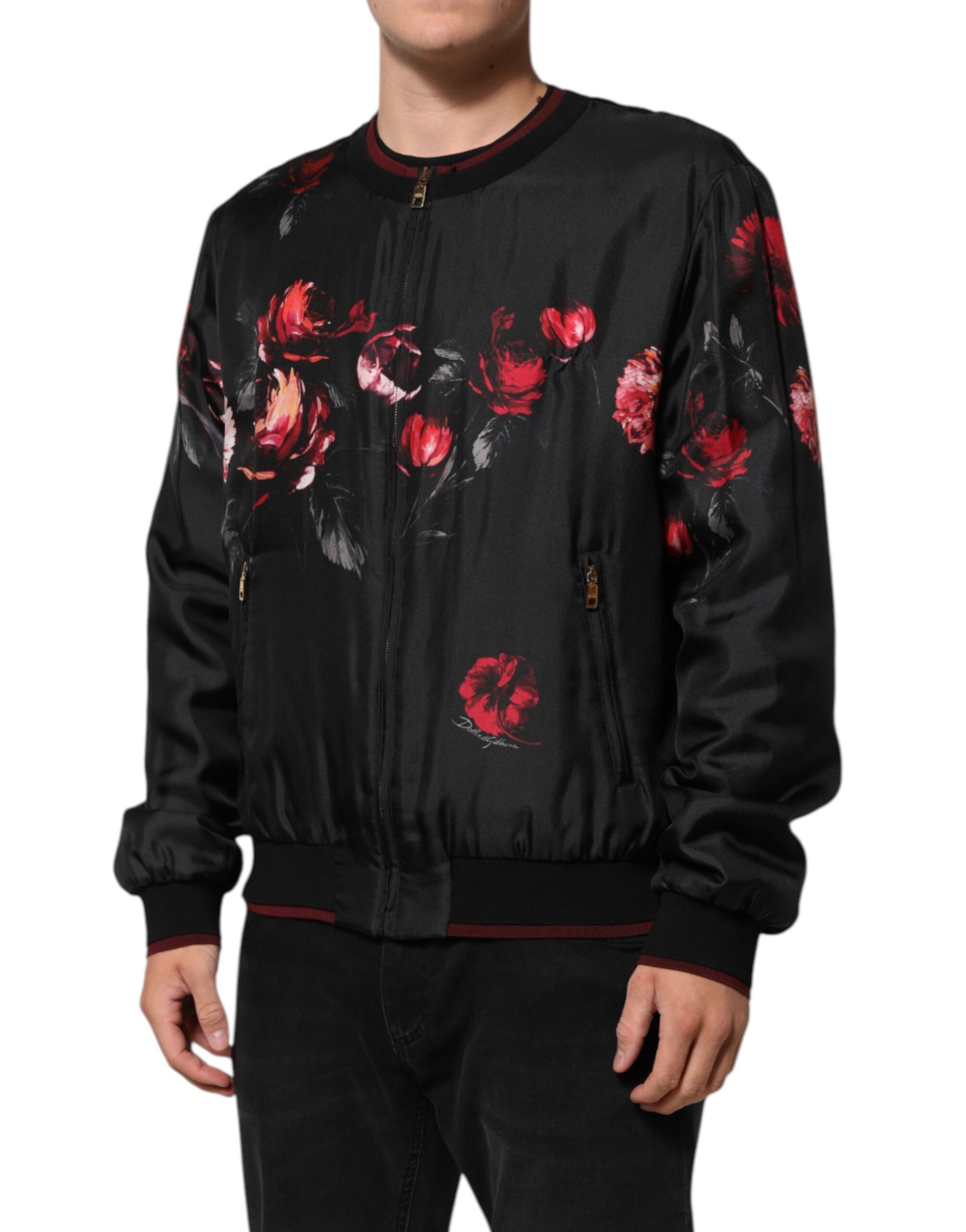 Black Red Floral Silk Bomber Blouson Jacket