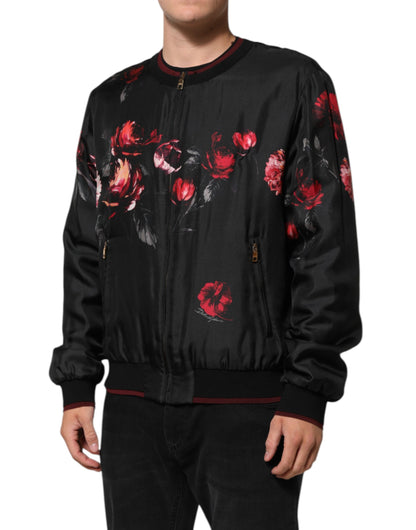 Black Red Floral Silk Bomber Blouson Jacket