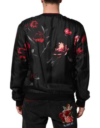Black Red Floral Silk Bomber Blouson Jacket