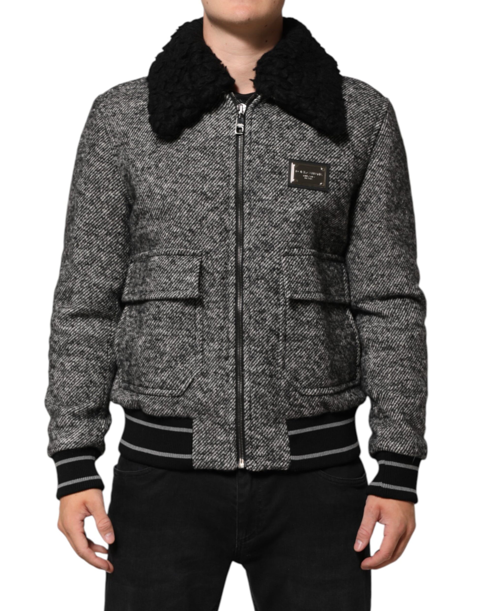 Gray Wool Herringbone Shearling Collar Bomber Jacket
