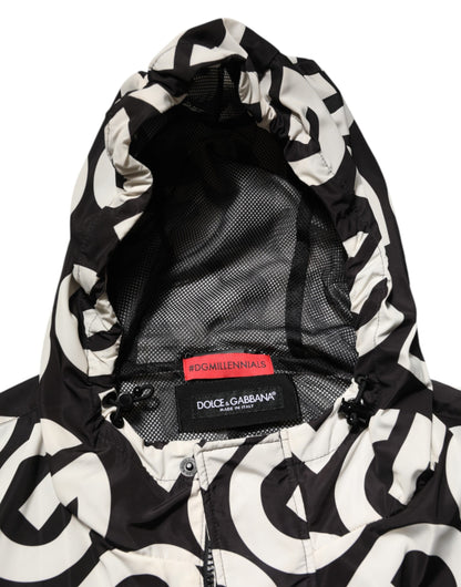 Black White Logo Print Hooded Coat Men Jacket