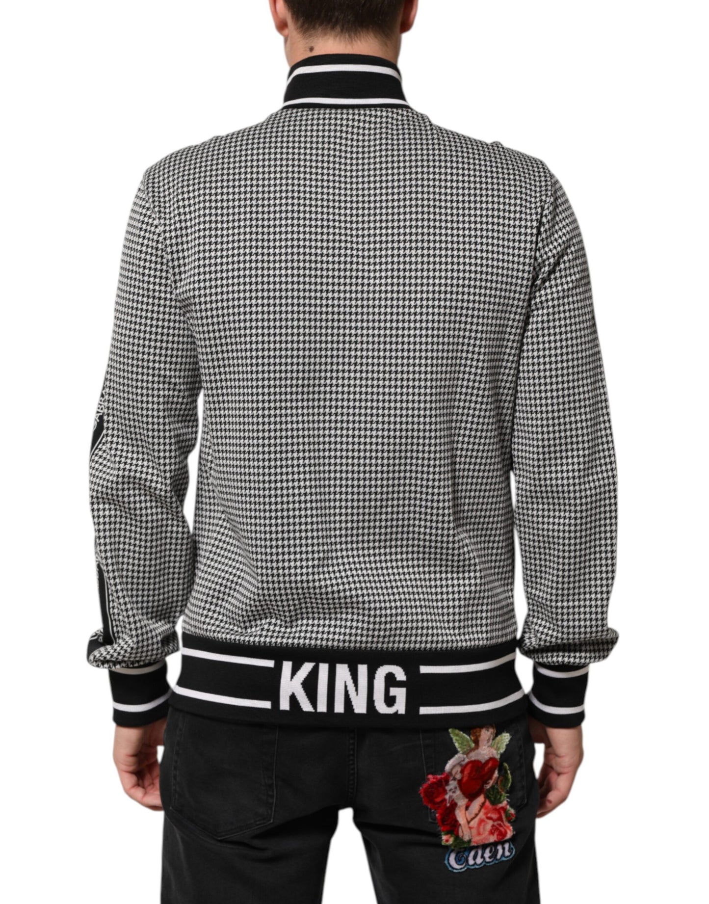 Black White Houndstooth Wool Crest Jacket Sweater