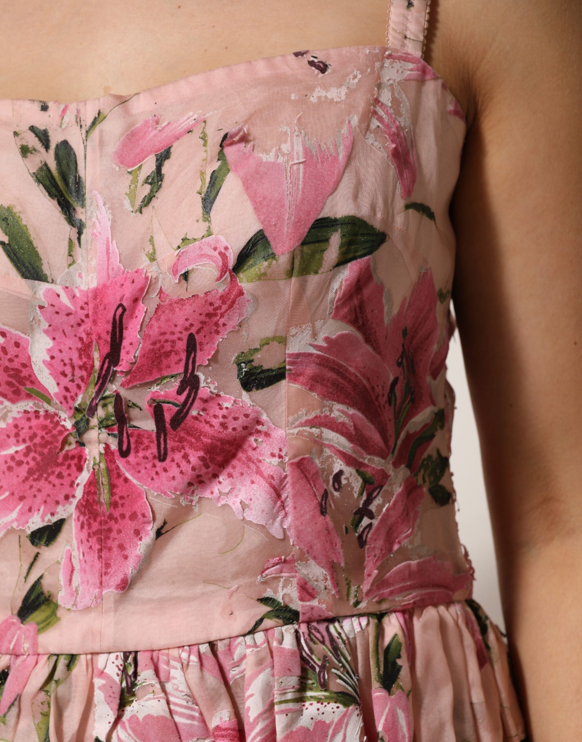 Pink Cotton Floral Pleated Sleeveless Dress