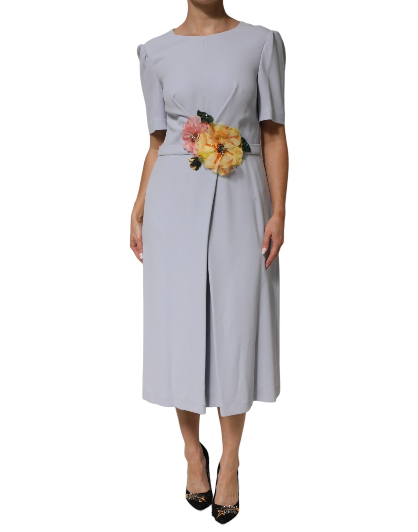 Light Blue Viscose Blend Floral Applique Dress