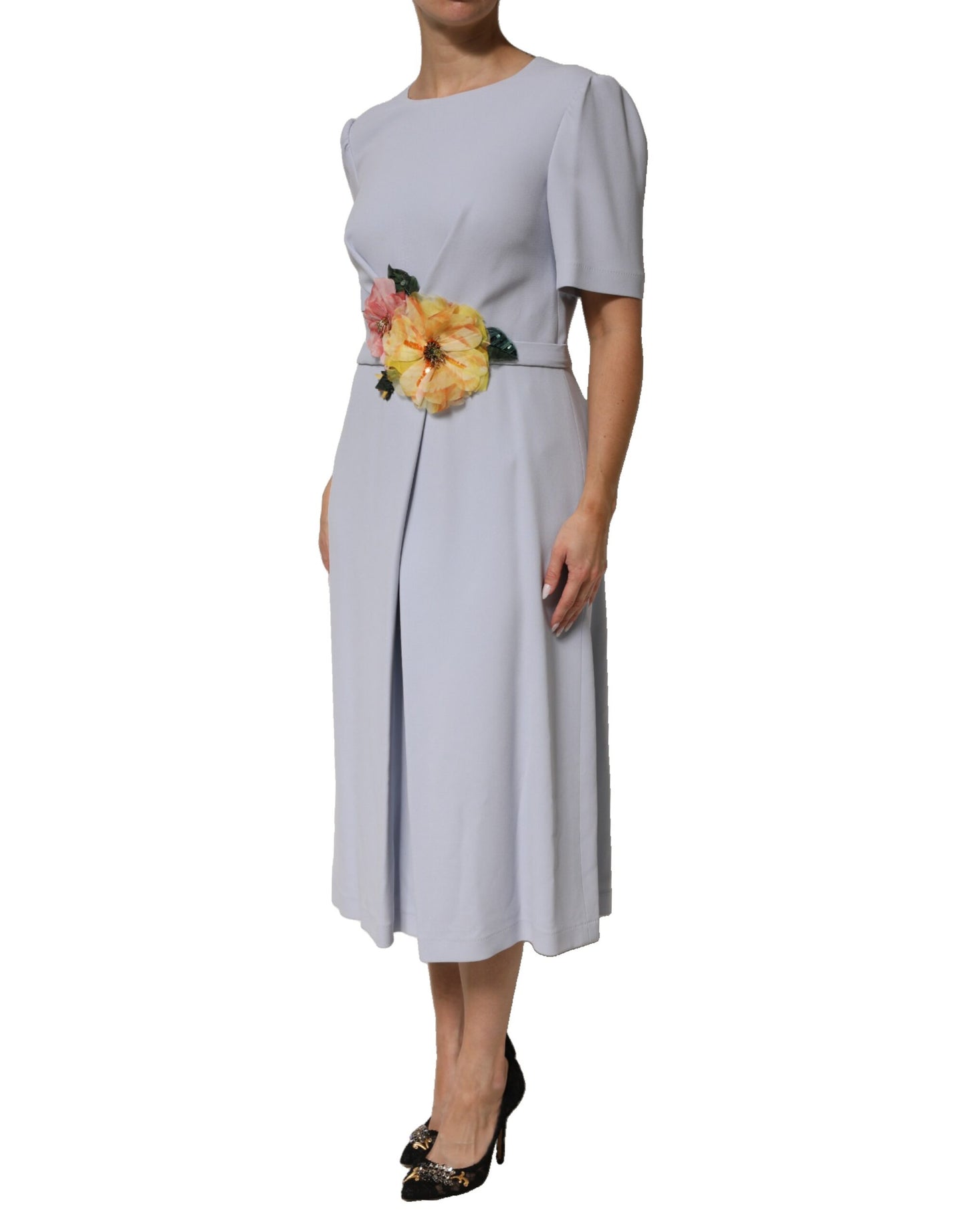 Light Blue Viscose Blend Floral Applique Dress