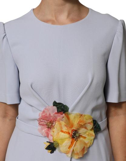 Light Blue Viscose Blend Floral Applique Dress