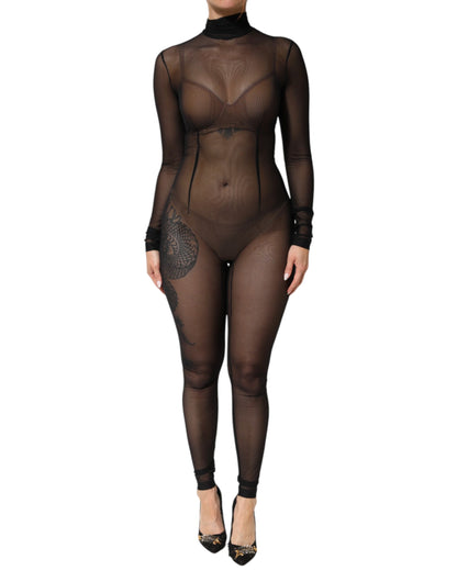 Black Sheer Mesh Long Sleeve Jumpsuit Bodysuit Dress