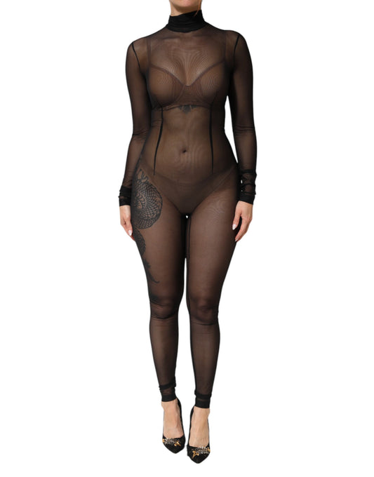 Black Sheer Mesh Long Sleeve Jumpsuit Bodysuit Dress