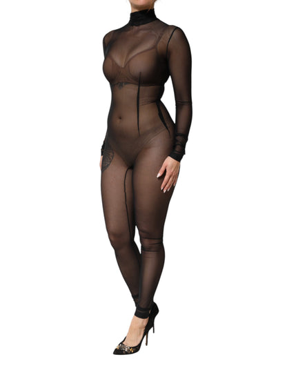 Black Sheer Mesh Long Sleeve Jumpsuit Bodysuit Dress